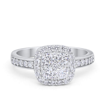 Halo Dazzling Accent Wedding Ring Simulated Cubic Zirconia 925 Sterling Silver